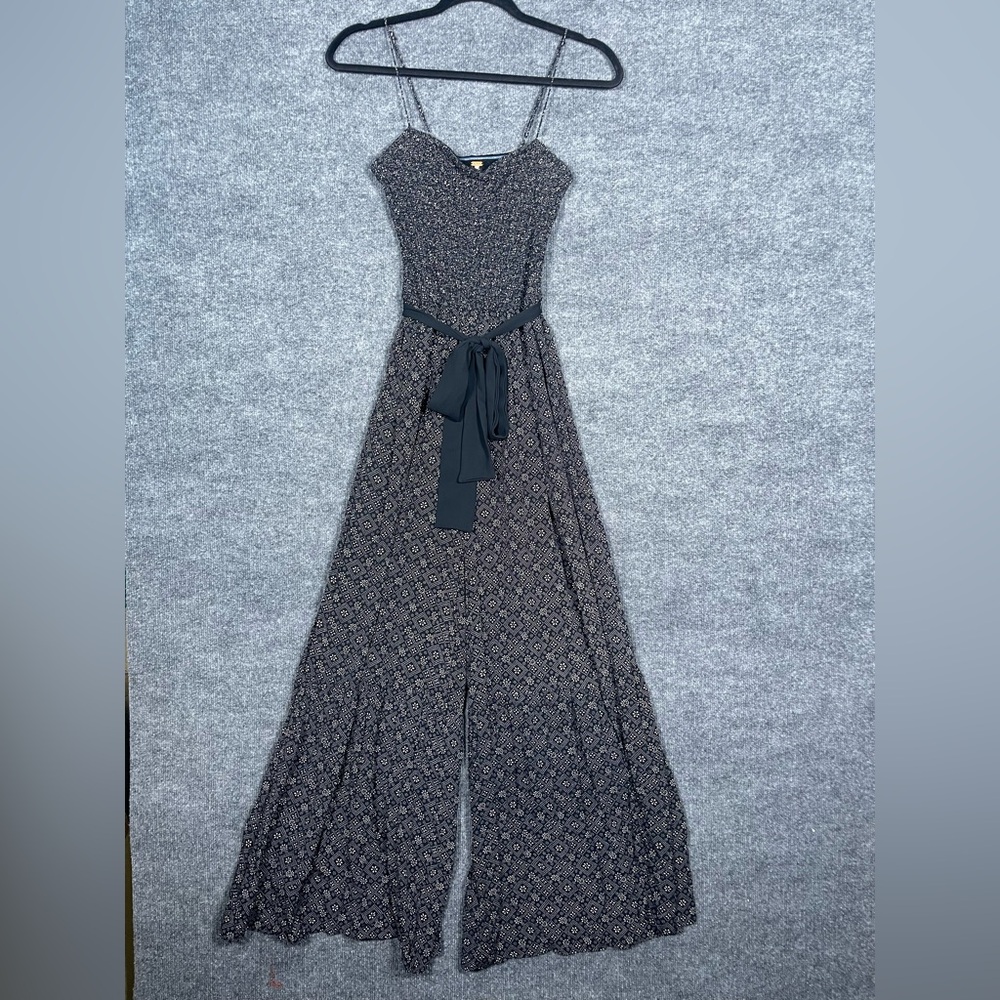 Free People Women’s Small Black Floral Bow Belted Smocked Boho Wide Leg Jumpsuit